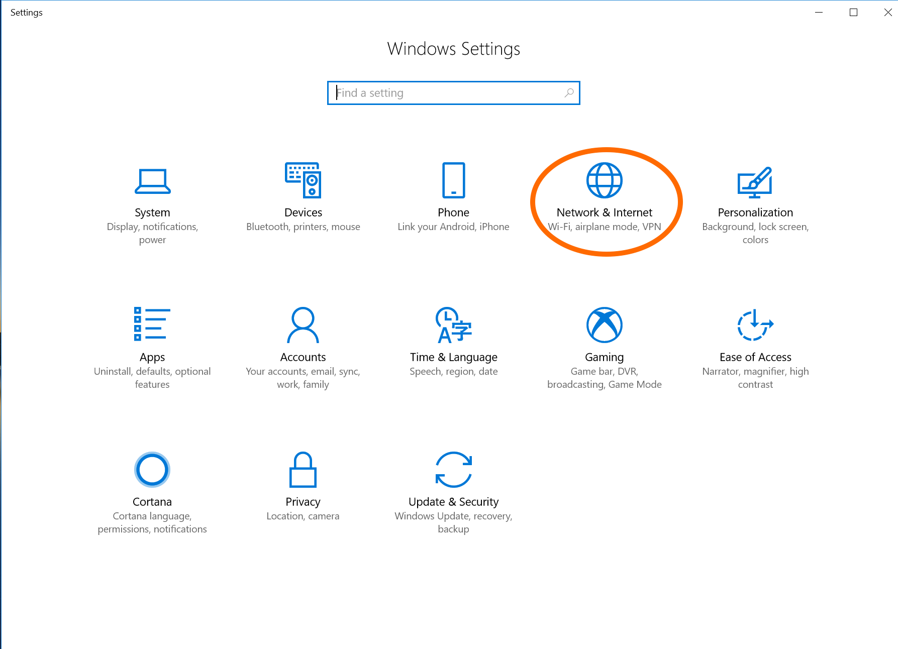 Windows settings menu